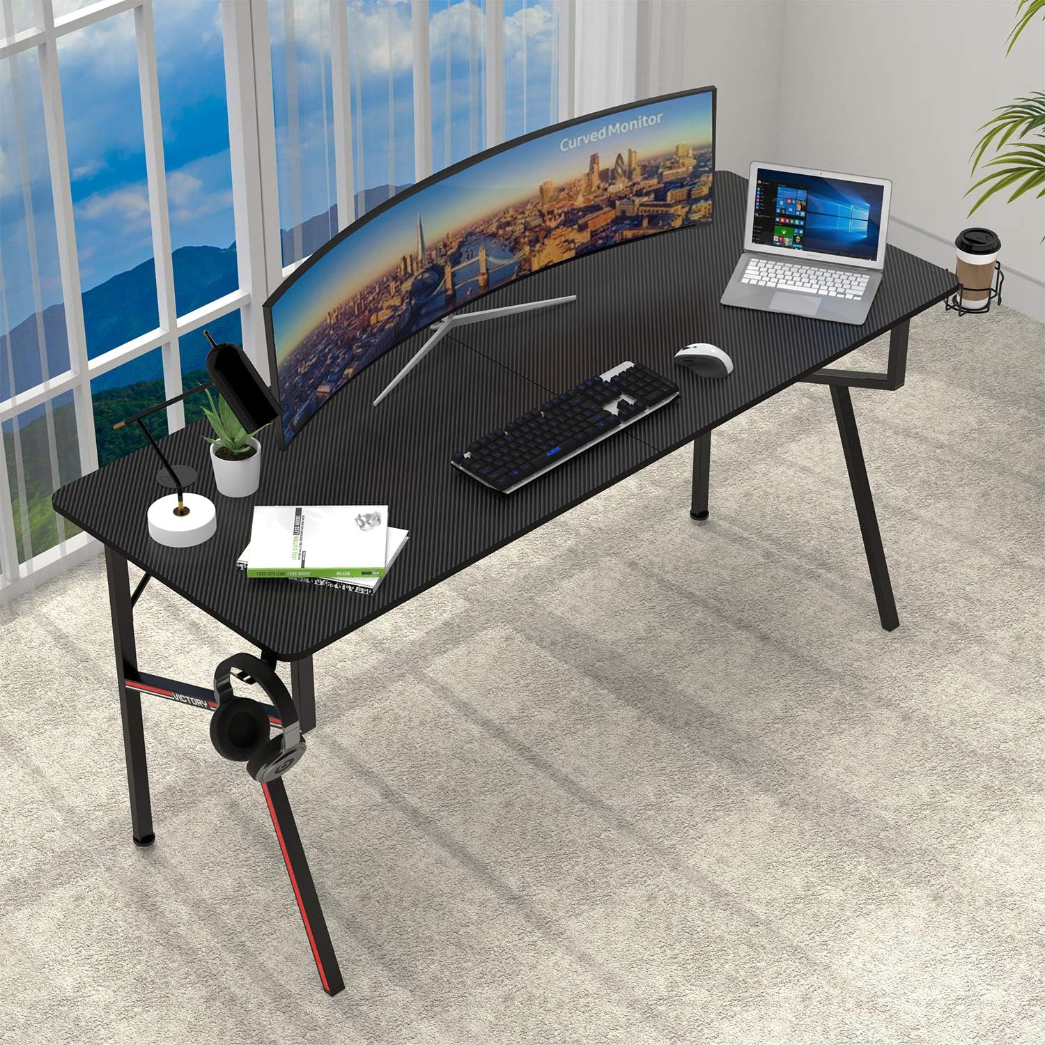 DESIGNA 63'' Gaming Desk, K-Shape Computer Desk with Free Mouse pad, Cup Holder& Headphone Hook & Controller Stand, Gamer Workstation for Home Office, Black: Kitchen & Dining