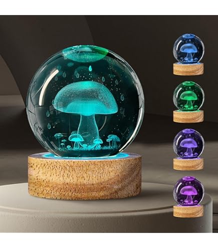 Mushroom Crystal Ball Night Light - 3.15 inch Glass Ball Lamp with