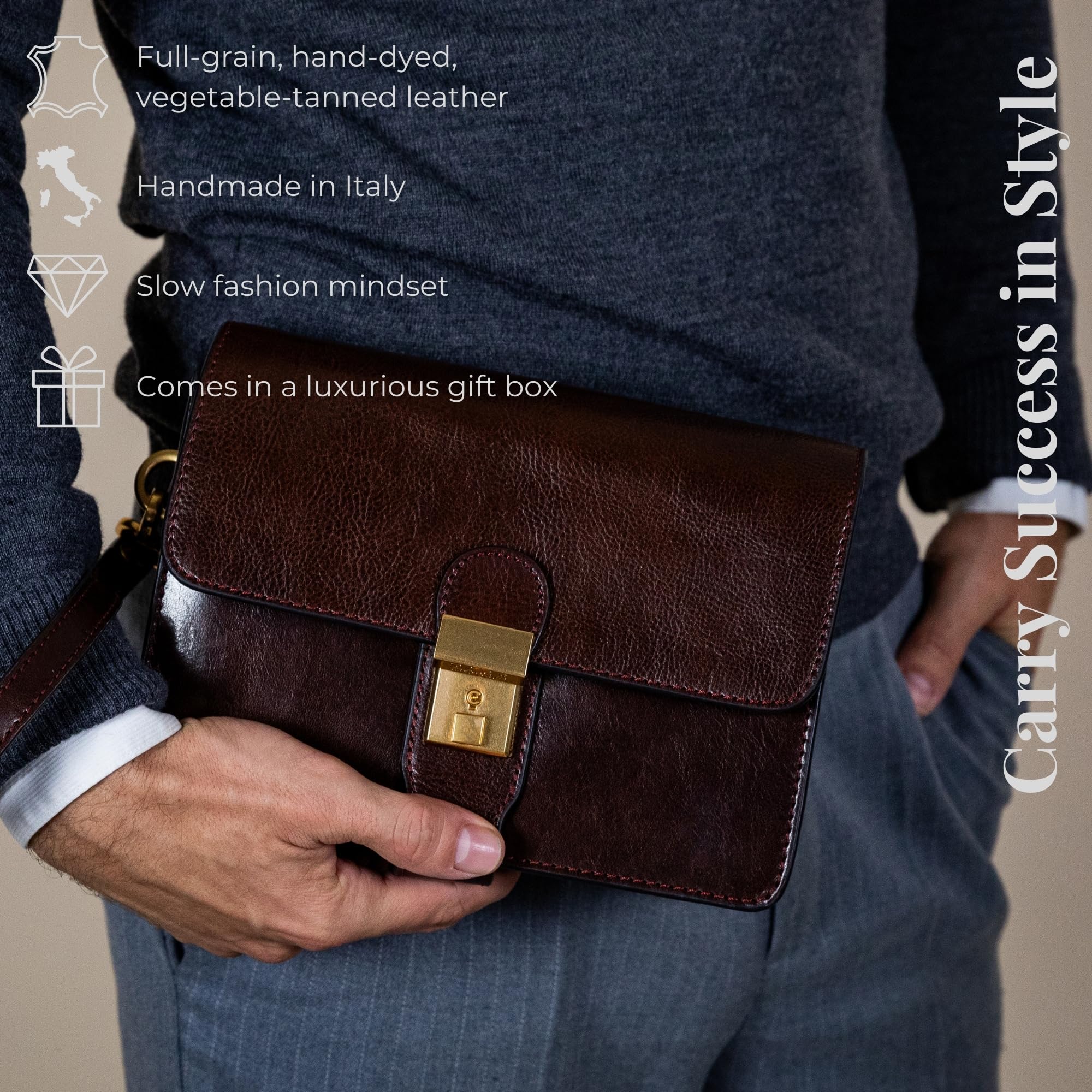 Time Resistance Leather Clutch - Men's Organizer Wrist Bag - Briefcase Handmade in Italy