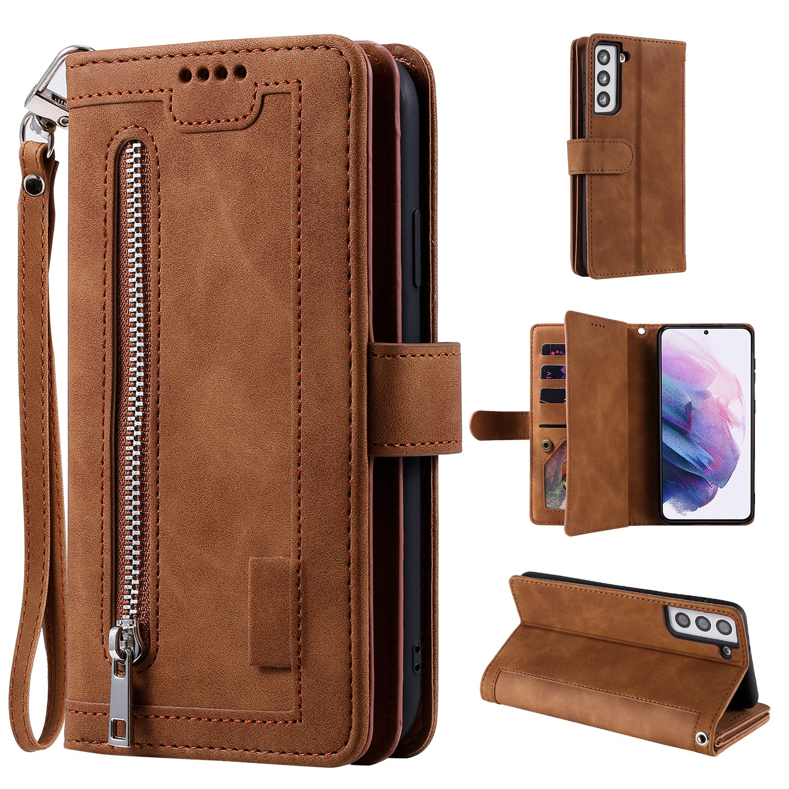 UEEBAI Wallet Case for Samsung Galaxy S21 Plus 5G, Retro 9 Card Holder Slots Zipper Pocket PU Leather Handbag Cover Magnetic Closure Kickstand with Wrist Strap TPU Shockproof Flip Case - Brown