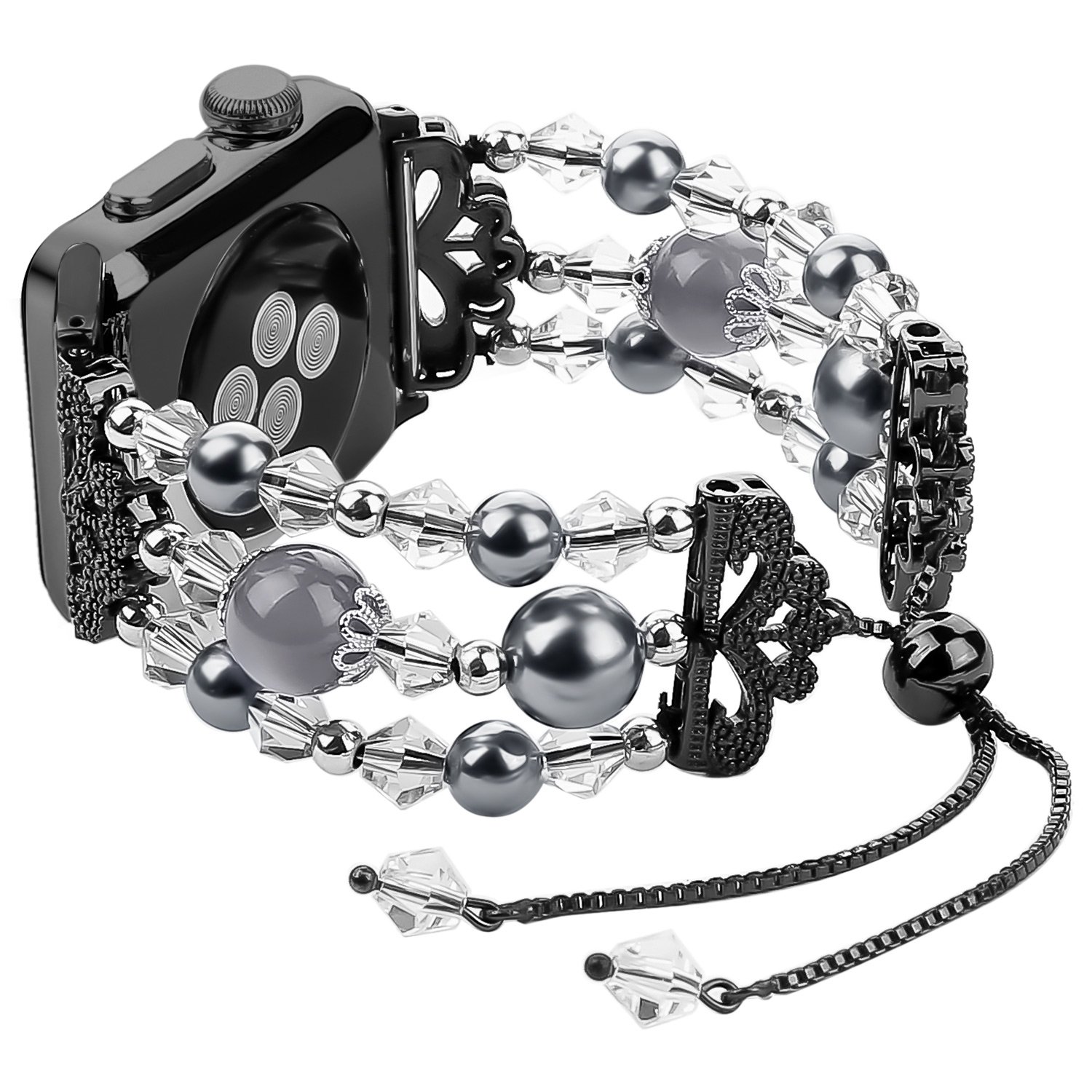 Junwei for Iwatch Bracelet Bands Adjustable, Women Stylish Apple Watchband with Stretch Bling Beads of Crystal Rhinestones Pearls for Apple Watch Series 4 3 2 1 Sport etc. - ( Black, 38mm / 40mm )