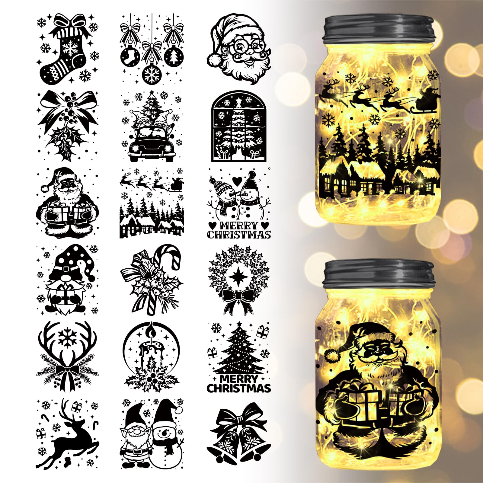 GLOBLELAND 18 Sheets Christmas Transfer Stickers 3.9x3.6inch Santa Claus Decals Stickers Snowman Rub on Transfer for Furniture Vase Glass Mason Jars Decorations Art Crafts