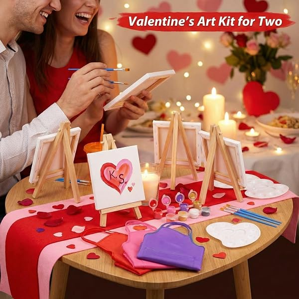 AMAZINGSPARK 48 PCS PAINTING PARTY CHRISTMAS FAVORS INCLUDES CANVAS & EASEL KIT AND APRONS, PALETTES, CUPS, BRUSHES, PAINTS AND FELT TABLE MAT PARTY VIBRANT ART SUPPLIES FOR PAINTING