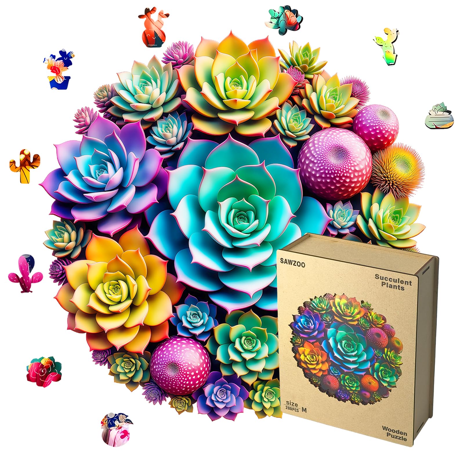 Photo 1 of Wooden Jigsaw Puzzles for Adults and Kids, Succulent Plants 200 Piece Unique Shaped Puzzle, Family Game and Creative Wooden Puzzle Gift, Wall Art Decor, 11 x 11 Inch