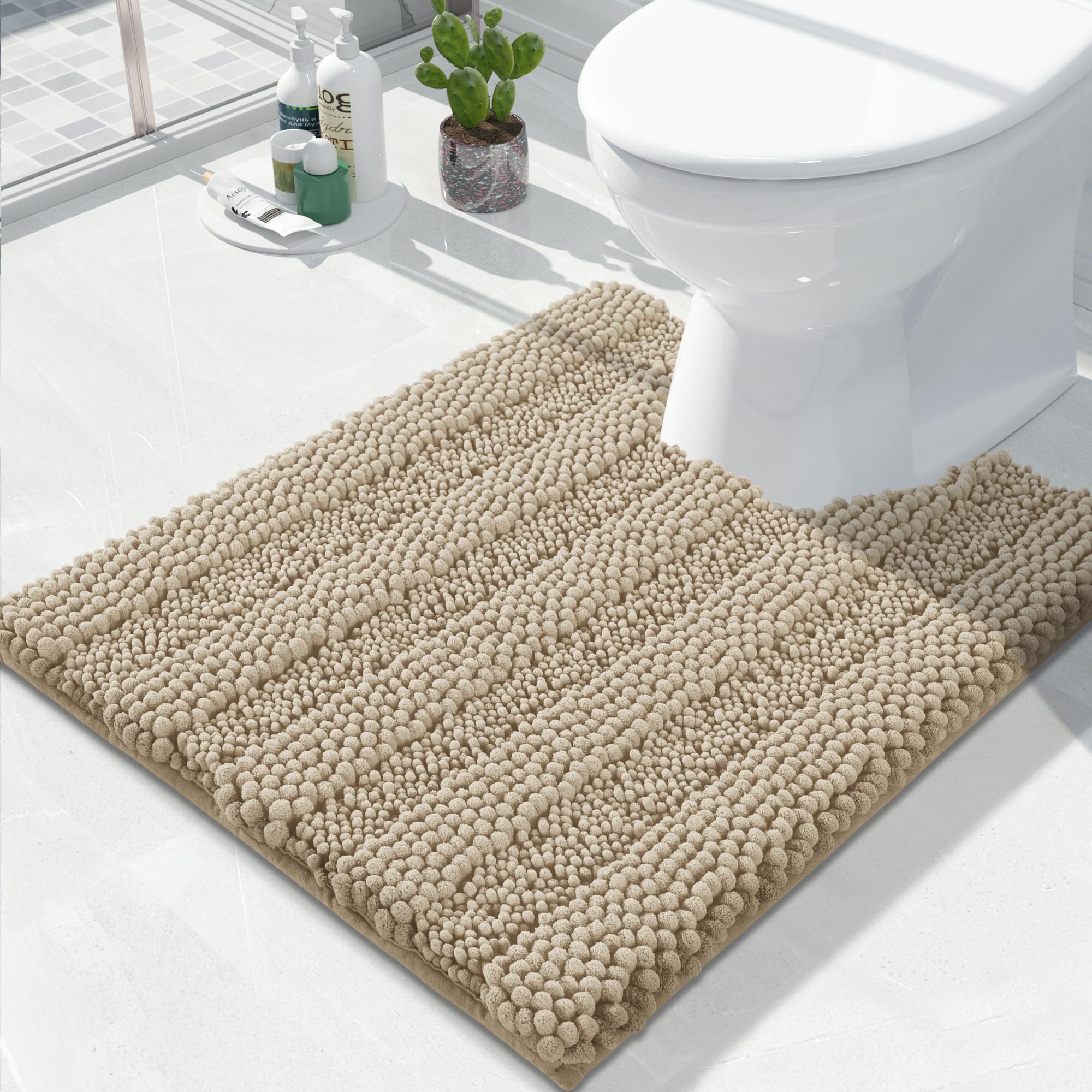 Photo 1 of Yimobra Toilet Rugs U Shaped Washable 24 x 20, Non Slip and Super Absorbent Toilet Mat, Quick Dry, Ultra Luxury Microfiber Chenille Plush Fluffy Contour Bath Rugs for Toilet Base, Camel