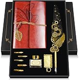 GrnVibe Quill Pen and Ink Set Antique Calligraphy Pen Set with Feather Pen | Leather Notebook for Writing,5 Replaceable Nibs,Pen Holder,Ink,Calligraphy Pens for Beginners Vintage Decor Gift Set