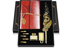 GrnVibe Quill Pen and Ink Set Antique Calligraphy Pen Set with Feather Pen,Leather Notebook for Writing,5 Replaceable Nibs,Pen Holder,Ink,Calligraphy Pens for Beginners Vintage Decor Gift Set