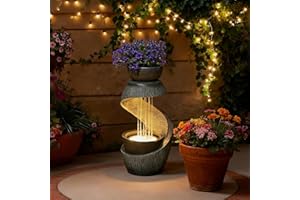 Takamota Outdoor Water Feature Patio Fountain with LED Lights, 31.9" Resin Garden Waterfall Fountain Outdoor, Modern S-Shaped Bowl Design Water Feature for Porch, Garden, Yard, Home Decor, Grey