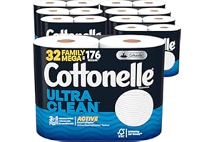 Cottonelle Ultra Clean Toilet Paper with Active CleaningRipples Texture, Strong Bath Tissue, 32 Family Mega Rolls (32 Family Mega Rolls = 176 Regular Rolls) (8 Packs of 4), 388 Sheets per Roll White