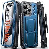 FNTCASE for iPhone 15-Pro-Max Phone Case 6.7", Built-in Screen Protector & Kickstand & Belt-Clip Heavy Duty Military Grade Shockproof Protection Rugged Case - Blue