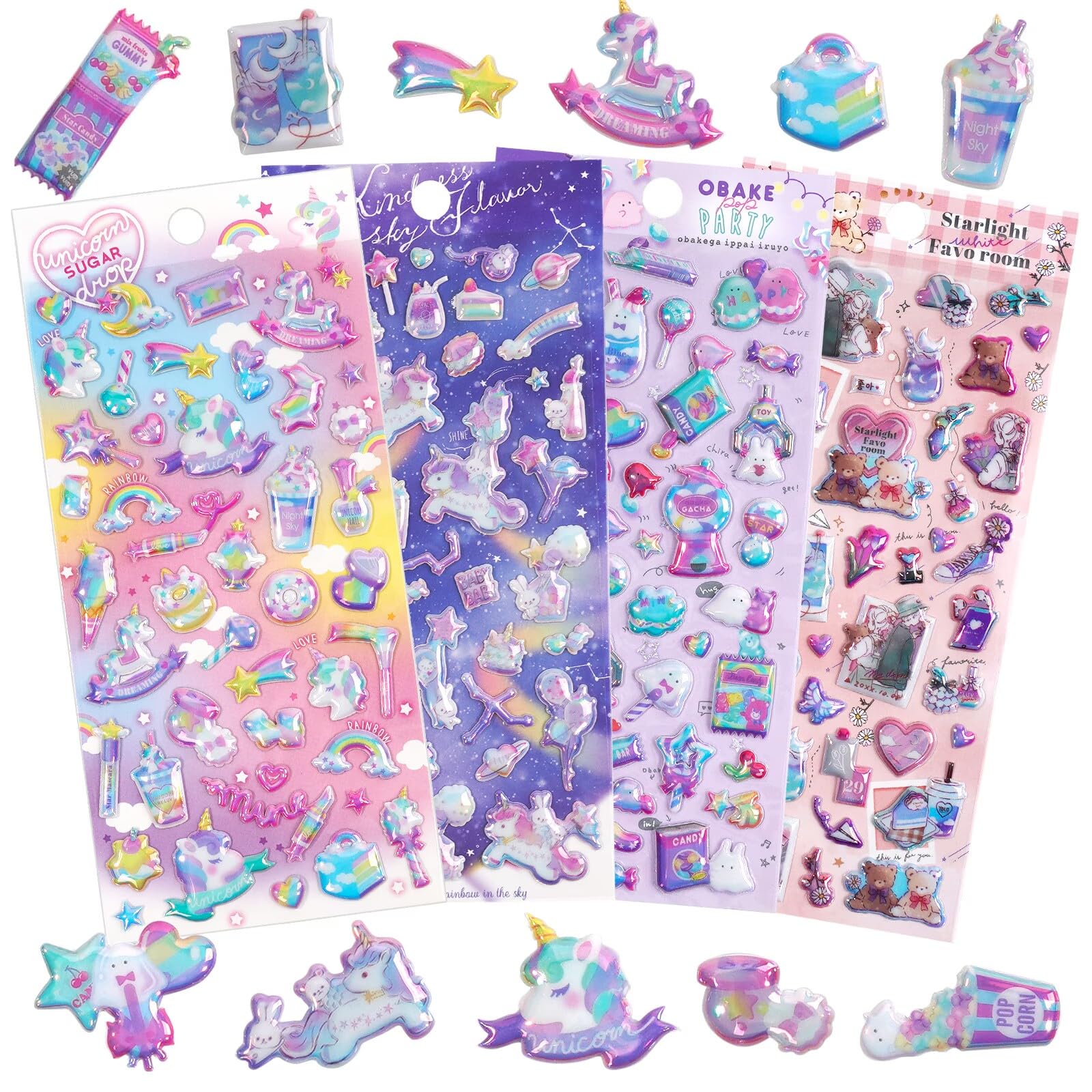 SHANGRLA 3D Puffy Unicorns Rainbow Stickers for Girls Kids Toddler | Cute Sparkle Stars Moons Clouds and Candy Sticker for Phone Cases, Laptops, Party Favors | 4 Sheets Puff Stickers.