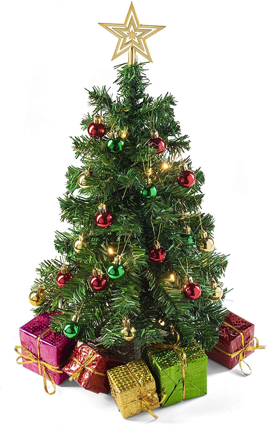 Prextex23-Inch/1.91Ft Green Christmas Tree with Warm-White LED Lights - DIY Tabletop Mini Artificial Xmas Tree with Star Treetop, Tiny Gift Boxes, and Hanging Ornaments for Mini Christmas Decorations
