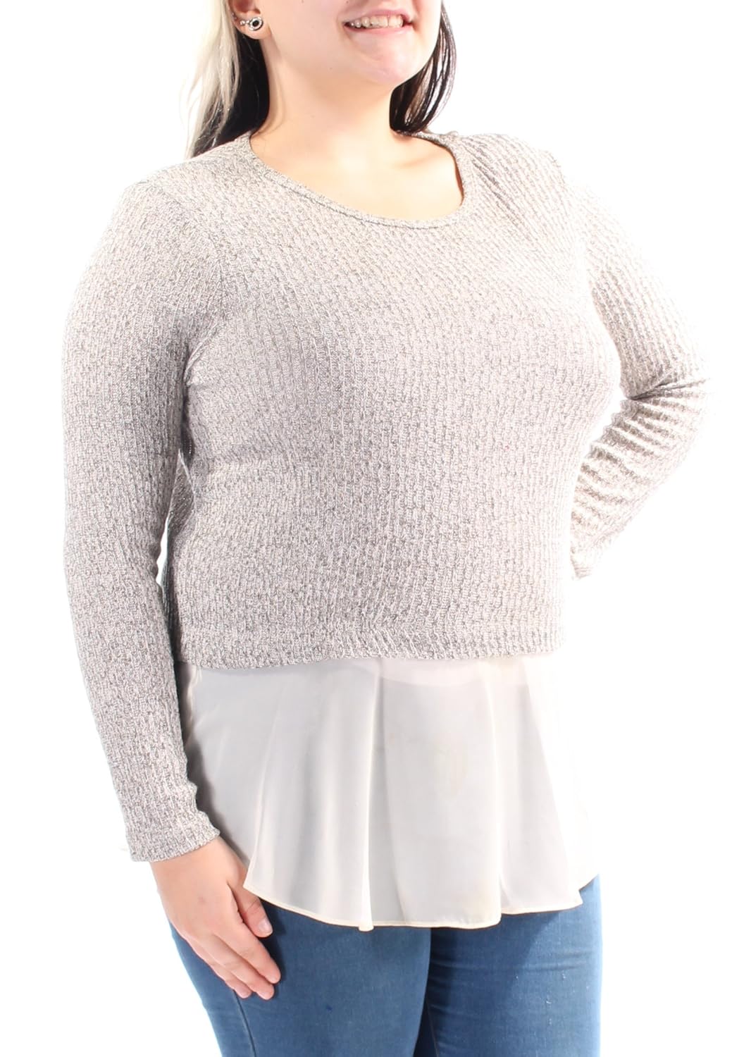 Bar Iii Womens Chiffon Trim Marled Casual Top Gray L At Amazon