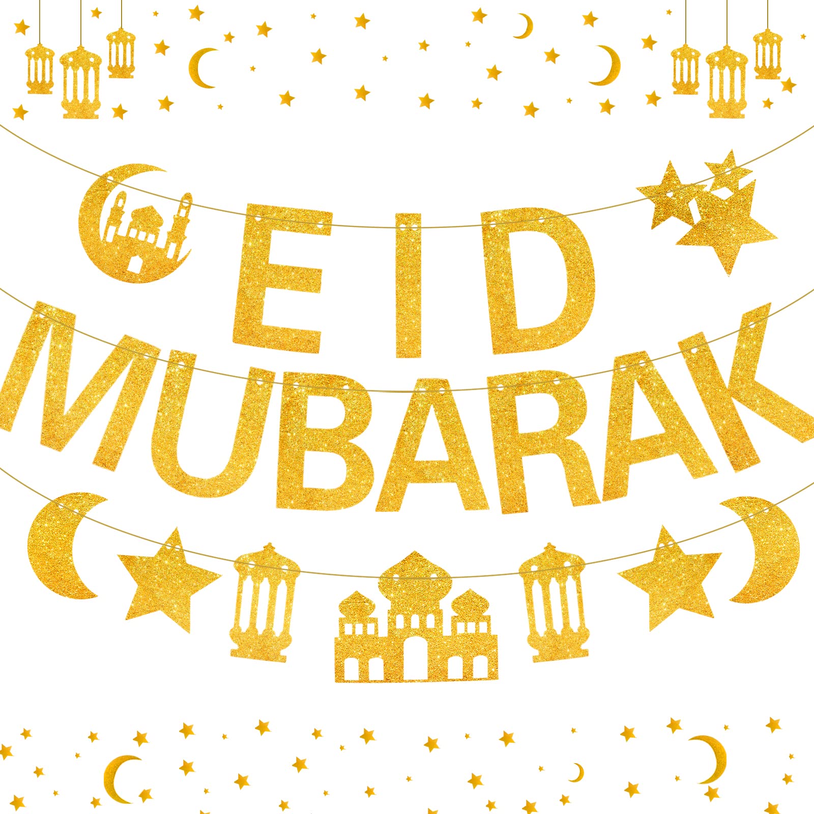 Maigacy Glitter Eid Mubarak Banner, Gold Glitter Muslim Islamic Party Decoration with Star and Moon Garlands for Ramadan Eid Party Decorations Supplies