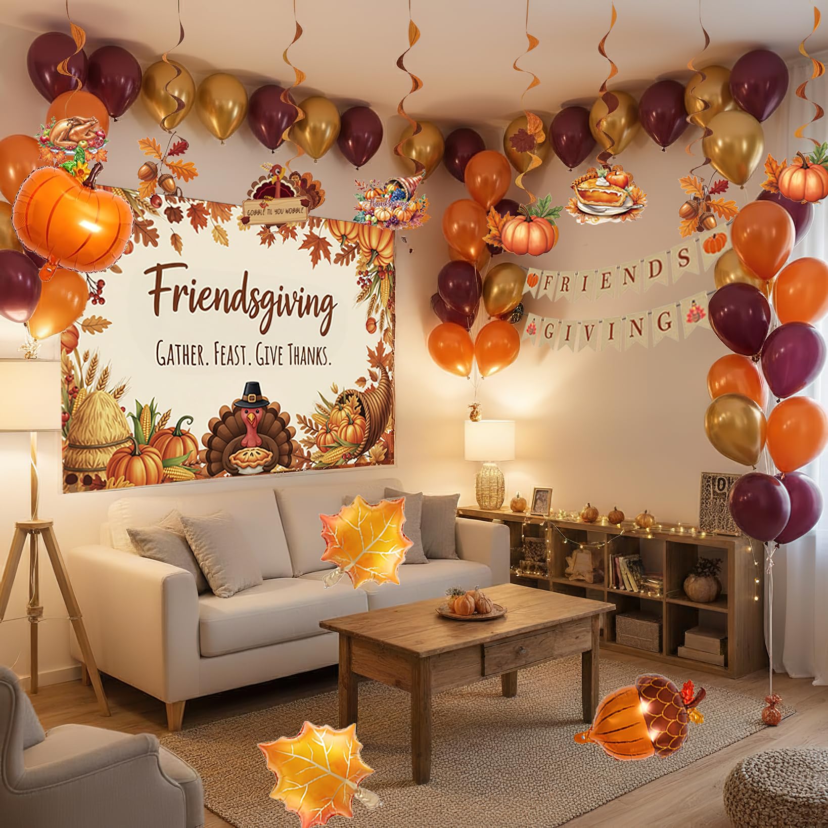 Photo 1 of Friendsgiving Decorations with Gold Orange Burgundy Arch & Maple Leaf Pumpkin Chestnut Foil balloons Backdrop & Banner for First Fall Harvest Thanksgiving Little Pumpkin Autumn Party Decorations