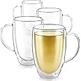 Teabloom Double Walled Mugs - 12 oz / 350 ml – Set of 4 Insulated Glass Mugs for Tea, Coffee, and More – Clear Bliss Collection