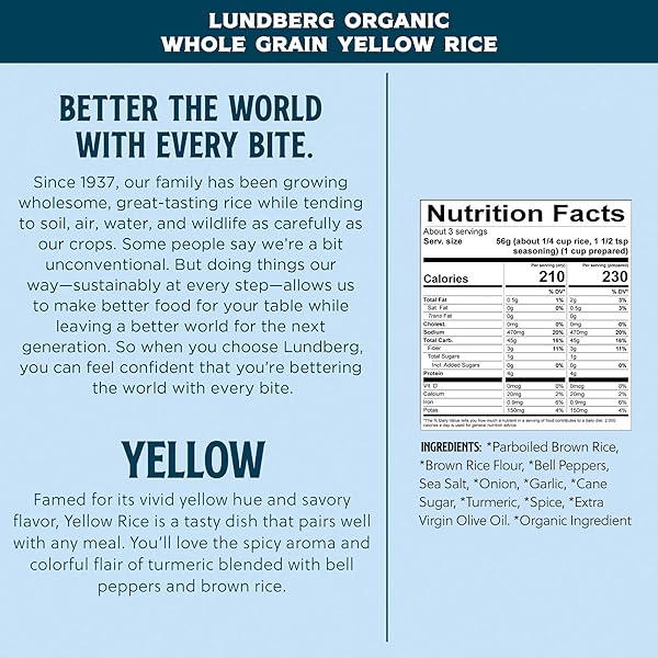 LUNDBERG FAMILY FARMS ORGANIC WHOLE GRAIN RICE, YELLOW, 6 OUNCE