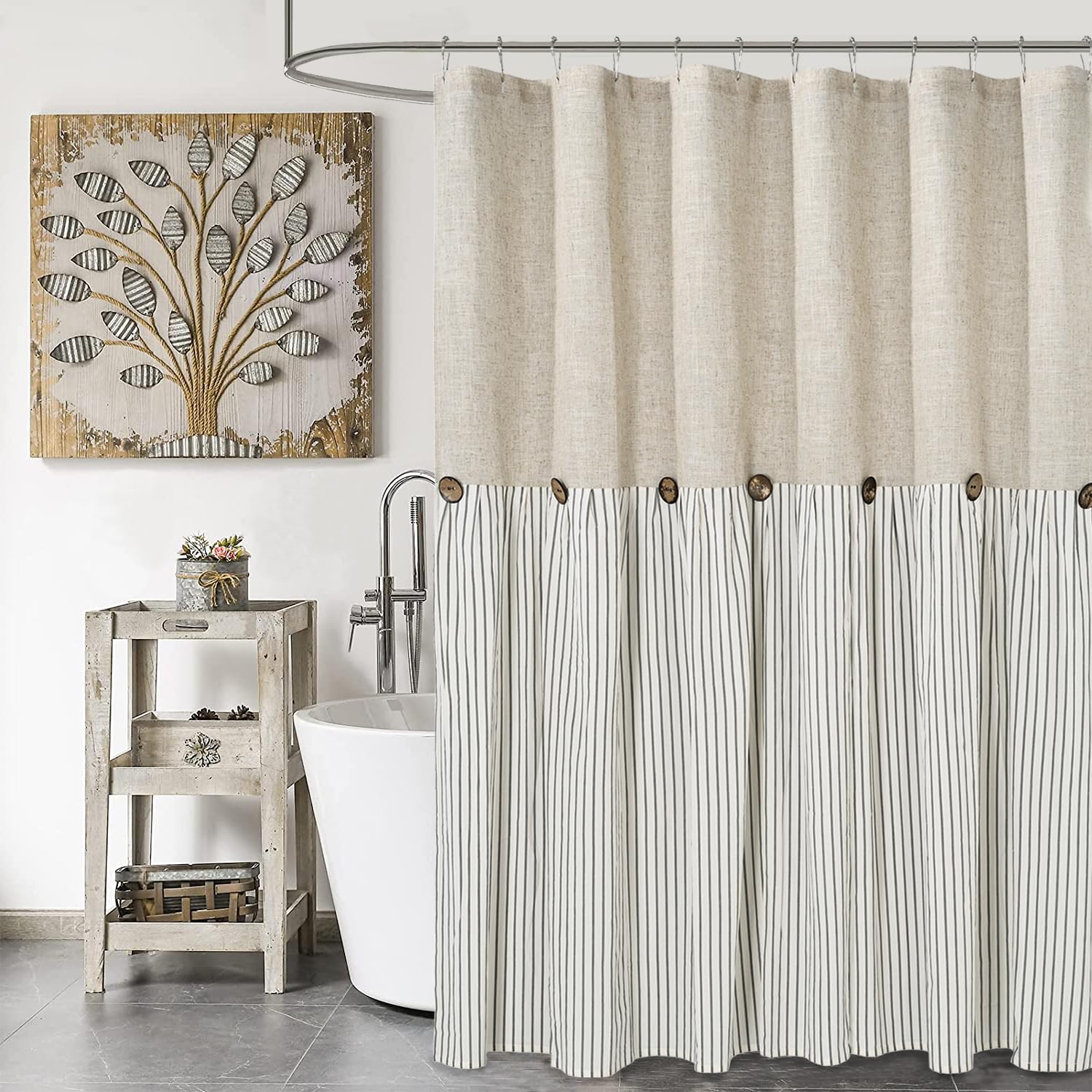 DOSLY Ides Farmhouse Shower Curtain, Beige and Gray Stripe, Button Curtain, Linen and Cotton Woven Fabric, Rustic Charm Country Chic Style, 72x84 in