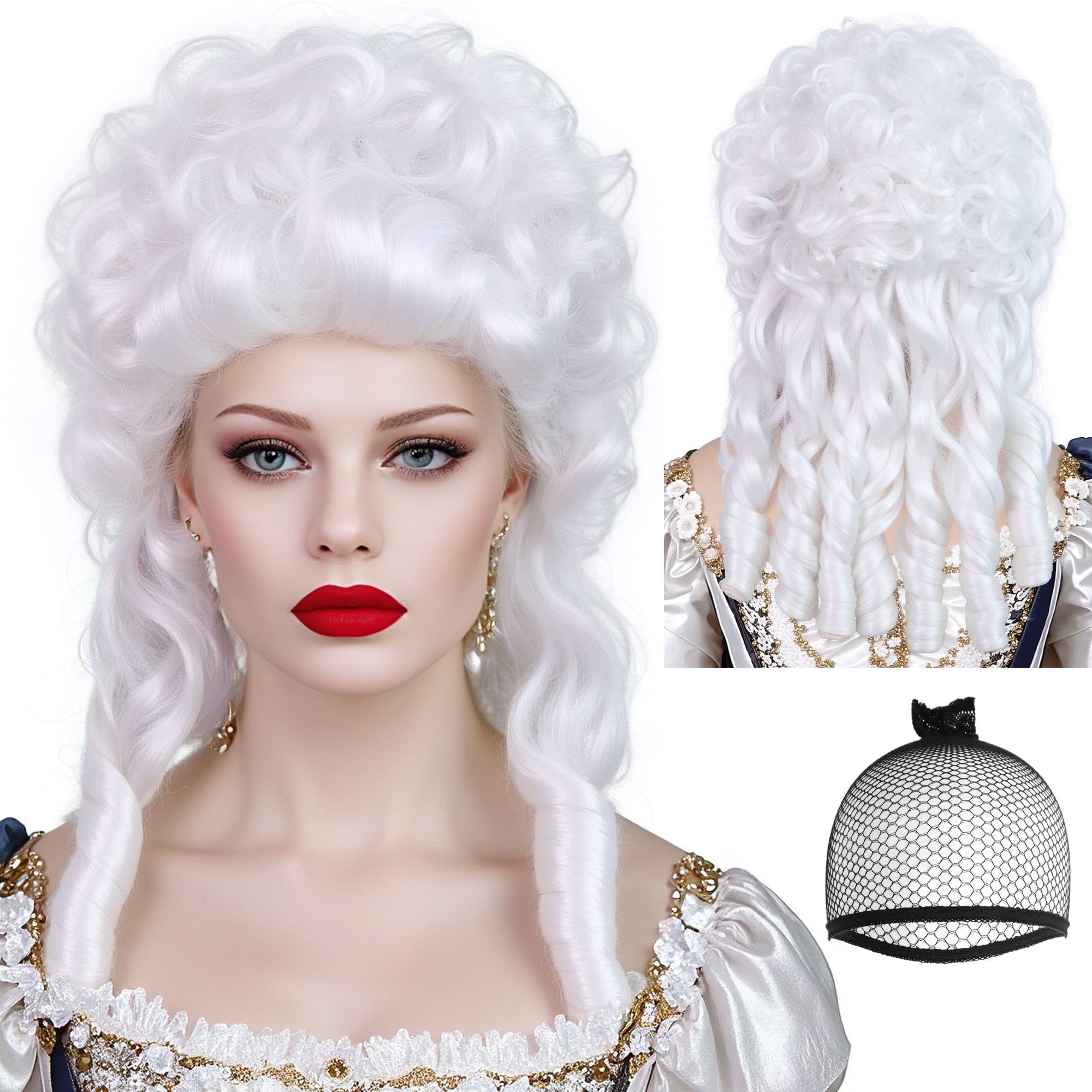Photo 1 of ANOGOL Hair Cap+ White Curly Baroque Wig Ringlet Curls 18th Century Wig Synthetic Updo White Female Judge Lawyer Wigs Powdered Wigs for Women Cosplay Halloween Costume Christmas Masquerade Party