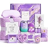 Birthday Gifts for Women, Self Care Gifts Christmas Box Get Well Soon Basket, Lavender Relaxing Spa Gifts Care Package w/ Flannel Blanket, Unique Mothers Day Gift Idea for Mom Her Friend Sister Purple
