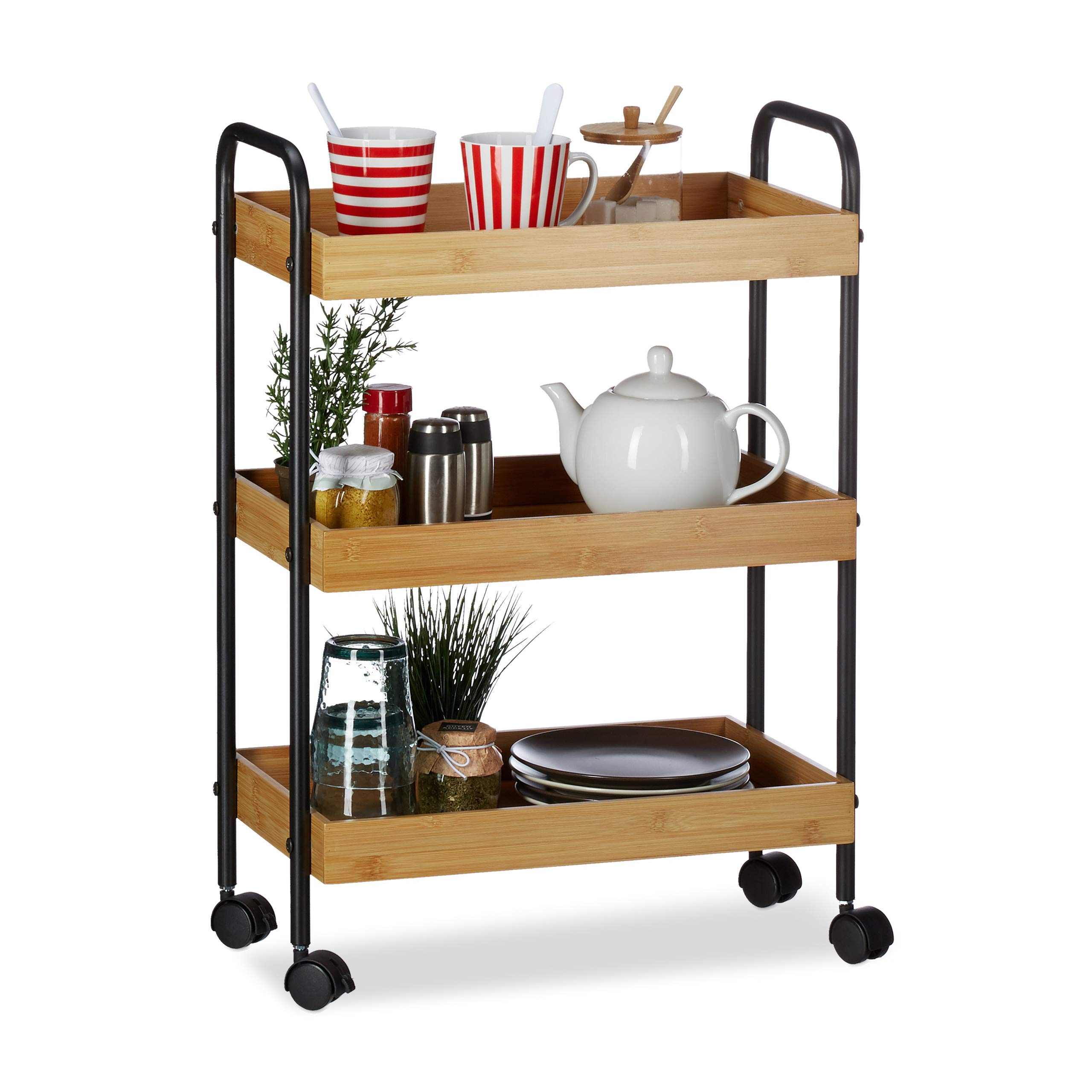 Relaxdays Bamboo Serving Trolley, 3 Tiers, Look, 360° Casters, Steel, HxWxD: 70x50x28 cm, Natural/Black