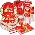 168 Pcs Red and Gold Party Supplies Tableware Set Happy Birthday Plates, Knife,Forks,Spoons, Cups and Napkins Table Decorations for Women Girls Birthday Party Decorations, 24 Guests