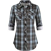 KOMANA Women's Roll Up Stretchy Knit Plaid Shirts Button Down Long Sleeve Blouses for Women Tops