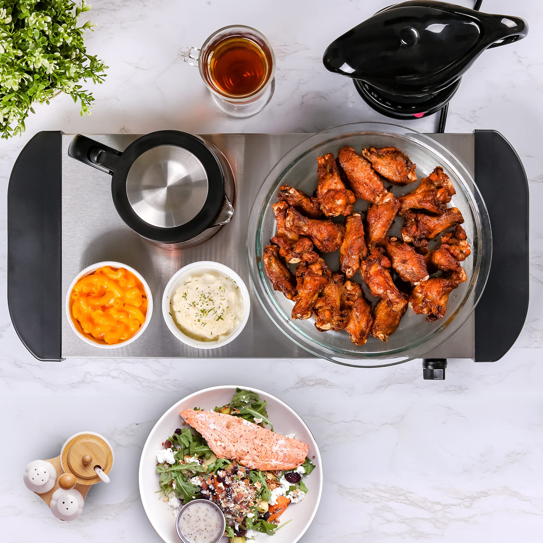 OVENTE Electric Warming Tray with Adjustable Temperature Control, Compact Food Warmer & Server for Buffets, Parties, Events, and Dinners, Cool-Touch Handles, Stainless Steel, Silver FW170S