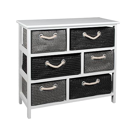 ts-ideen Landhaus Kommode Schrank Sideboard 63 x 70 cm Holz Regal in weiß mit sechs Körben in Silber und anthrazit
