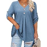 Siddhe Womens Plus Size Tops Button 3/4 Sleeve V Neck Blouses Dressy Casual Tunic Tops for Curvy Women Loose Fit XL-5XL