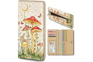 Immaturus Mushroom Womens Wallet, Slim Thin RFID Blocking Card Wallets, Bifold PU Leather Credit Card Holder Organizer, Cute Cash Clutch Long Billfold with Zipper Coin Pocket Ladies Girls Gift