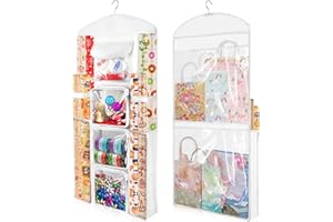 Woodoulogy Hanging Gift Wrapping Paper Storage, 40"X17" White Double-Sided Christmas Wrapper Bag Container, Oxford Craft Roll Organizer, Present Wrap Holder for Bedroom Closet, Door, Cabinet