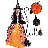 Poshetion Witch Halloween Costume for Girls, Light Up Witch Dress Deluxe Outfit with Hat and Broom, for Halloween Party