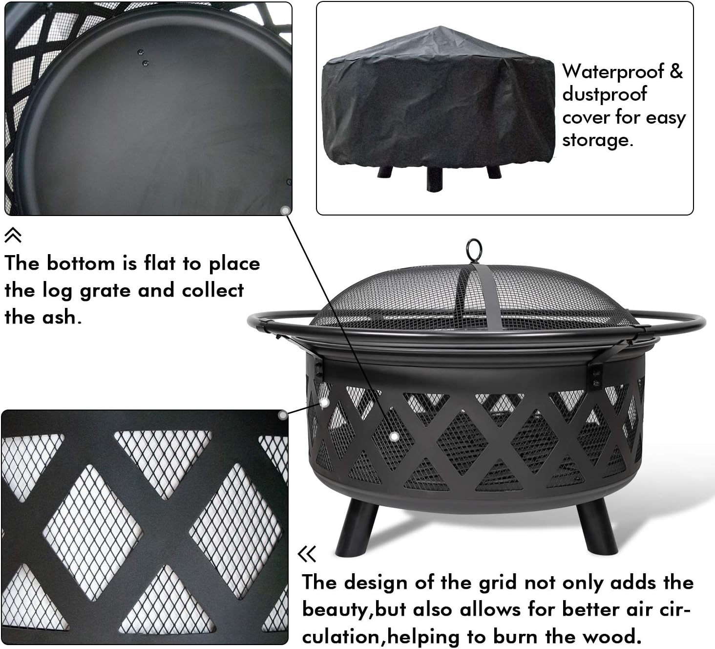 Cisvio Outdoor Fire Pit 30in Wood Burning Steel Grill Firepit with Spark Screen Cover, Poker, Grill and Waterproof Cover for Patio Bonfire Backy : Garden & Outdoor