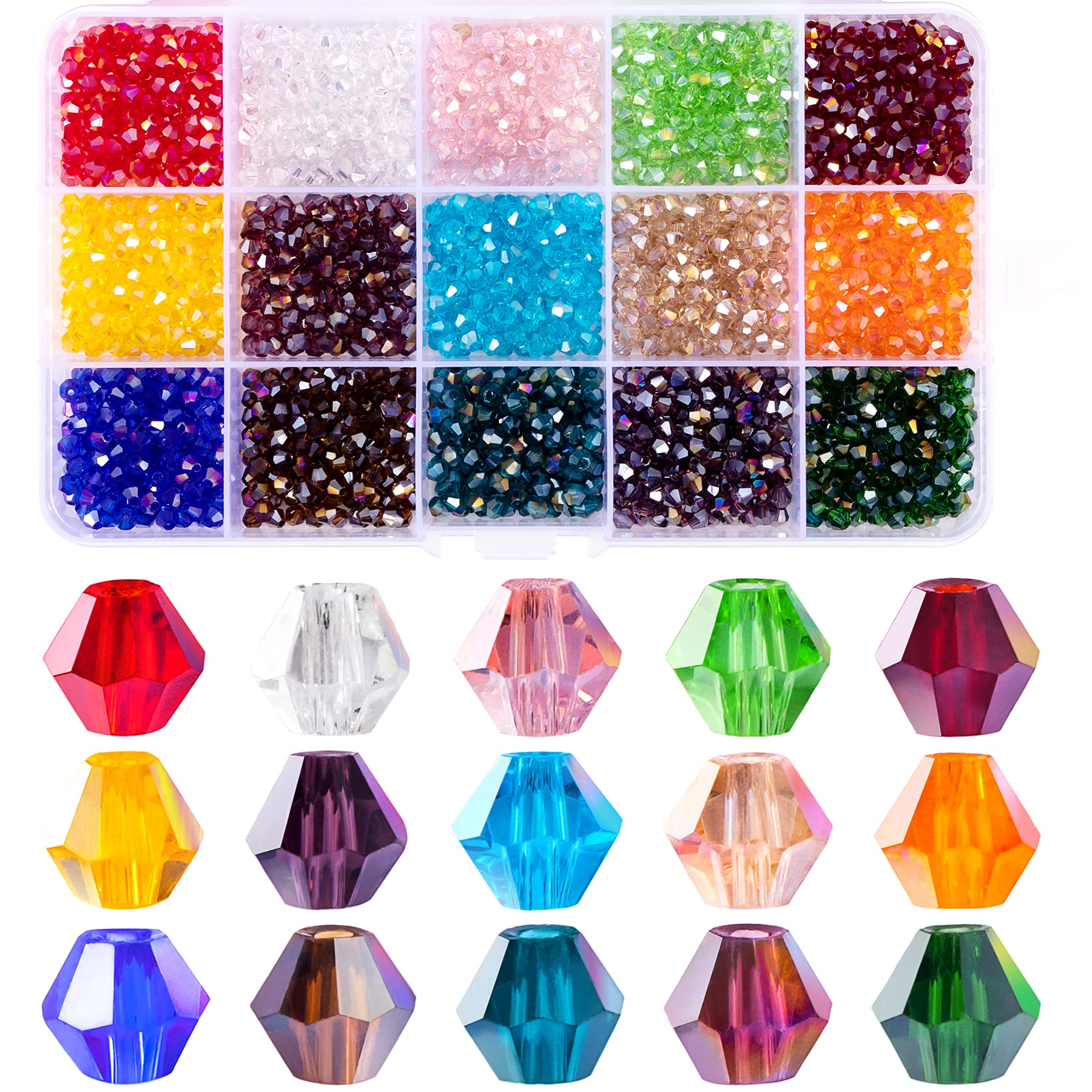 MissAudrey 1800pcs 4mm Bicone Crystal Glass Beads for Jewelry Making Bracelets Necklaces Earrings, Assorted 15 Colors AB Faceted Spacer Beads with Container Box