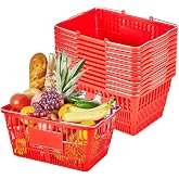 VEVOR Shopping Baskets, 12 PCS, 21L Stackable PE Plastic Grocery Baskets with Metal Handles, Dense Mesh Structure, Holds up to 20 lbs, Portable for Grocery, Retail, Stores, Supermarket, Home Use, Red
