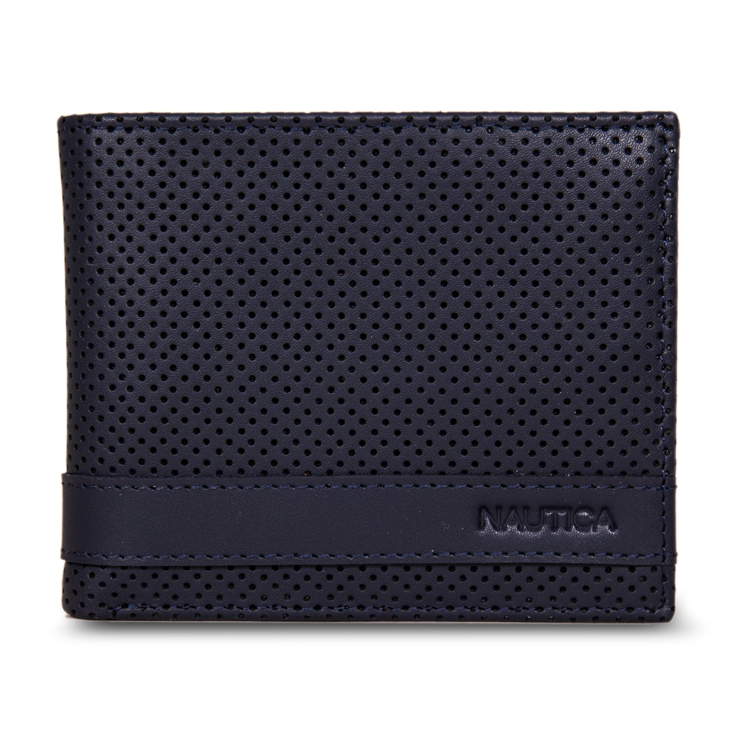 Nautica Mens Perforated Bifold Leather Wallet | RFID Blocking Protection | ID Window | 6 Card Slots | 2 Slip Pockets | Billfold Design | Organization | Durable | Stylish - Navy Image