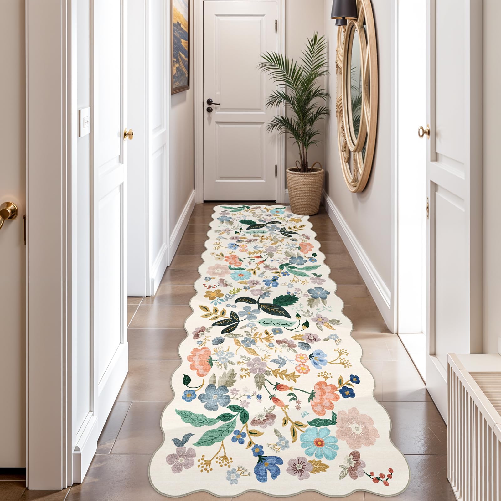 Photo 1 of 2x10 Washable Hallway Runner Rug: Long Floral Scalloped Soft Runners for Kitchen Entry Thin Non Slip Bathroom Nursery Floor Mat Water Resistant Low Pile 10ft Carpet for Living Room Bedroom(2x10,Cream)