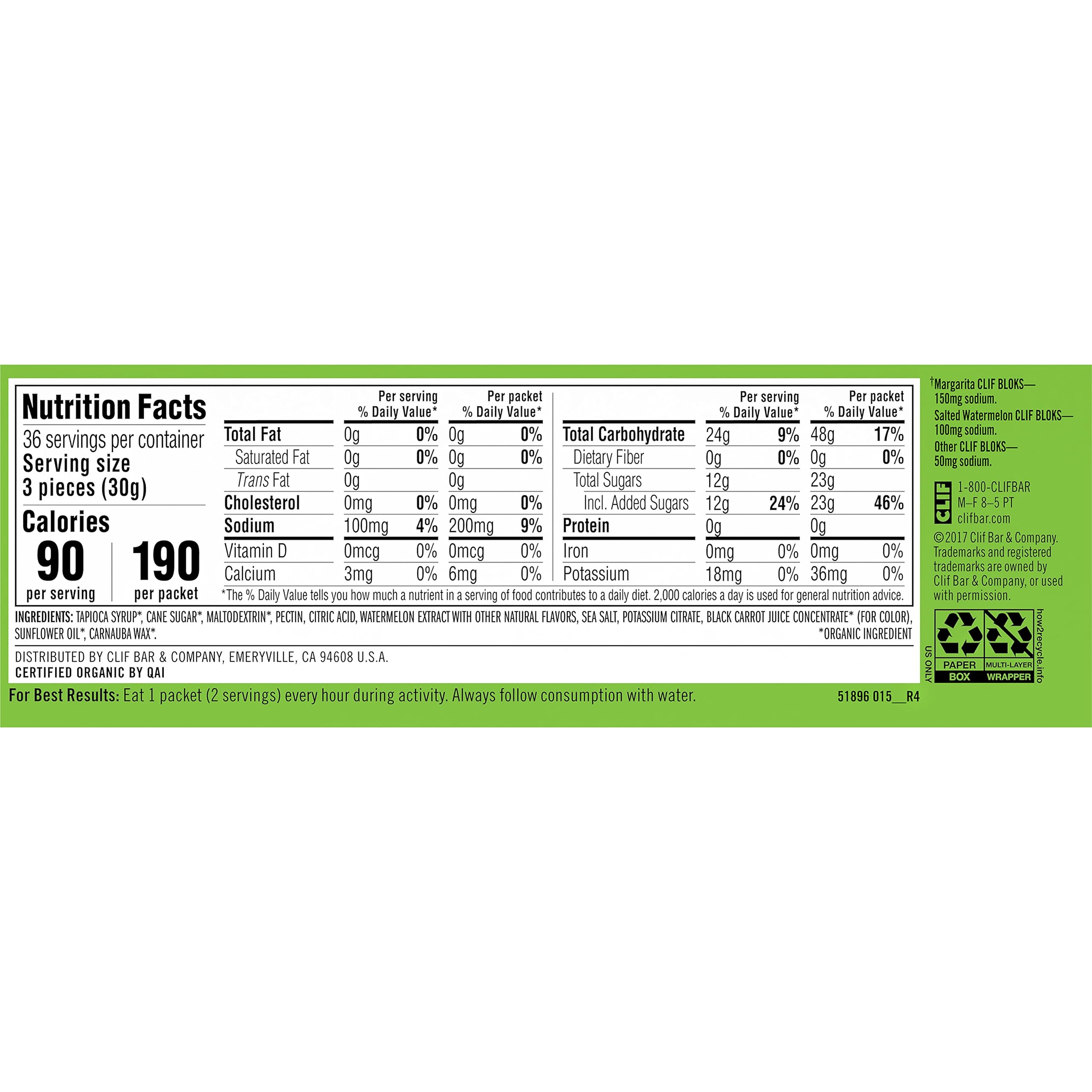 Clif Bloks Salted Watermelon Flavor with 2X Sodium - Energy Chews - Non-GMO - Plant Based - Fast Fuel for Cycling and Running - Quick Carbohydrates and Electrolytes - 2.12 oz. (18 Count)