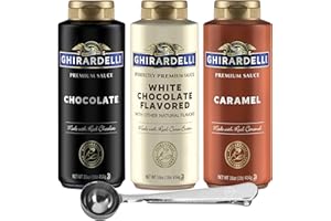 Chocolate, Caramel, & White Chocolate Flavored Sauces - 16 oz Squeeze Bottles (Pack of 3) with Direct Coffee Tea Est 2019 Barista Spoon with Clip – Perfect for Espresso, Hot Chocolate, and Desserts – Gourmet Quality Sauce Trio for Baking and Toppings