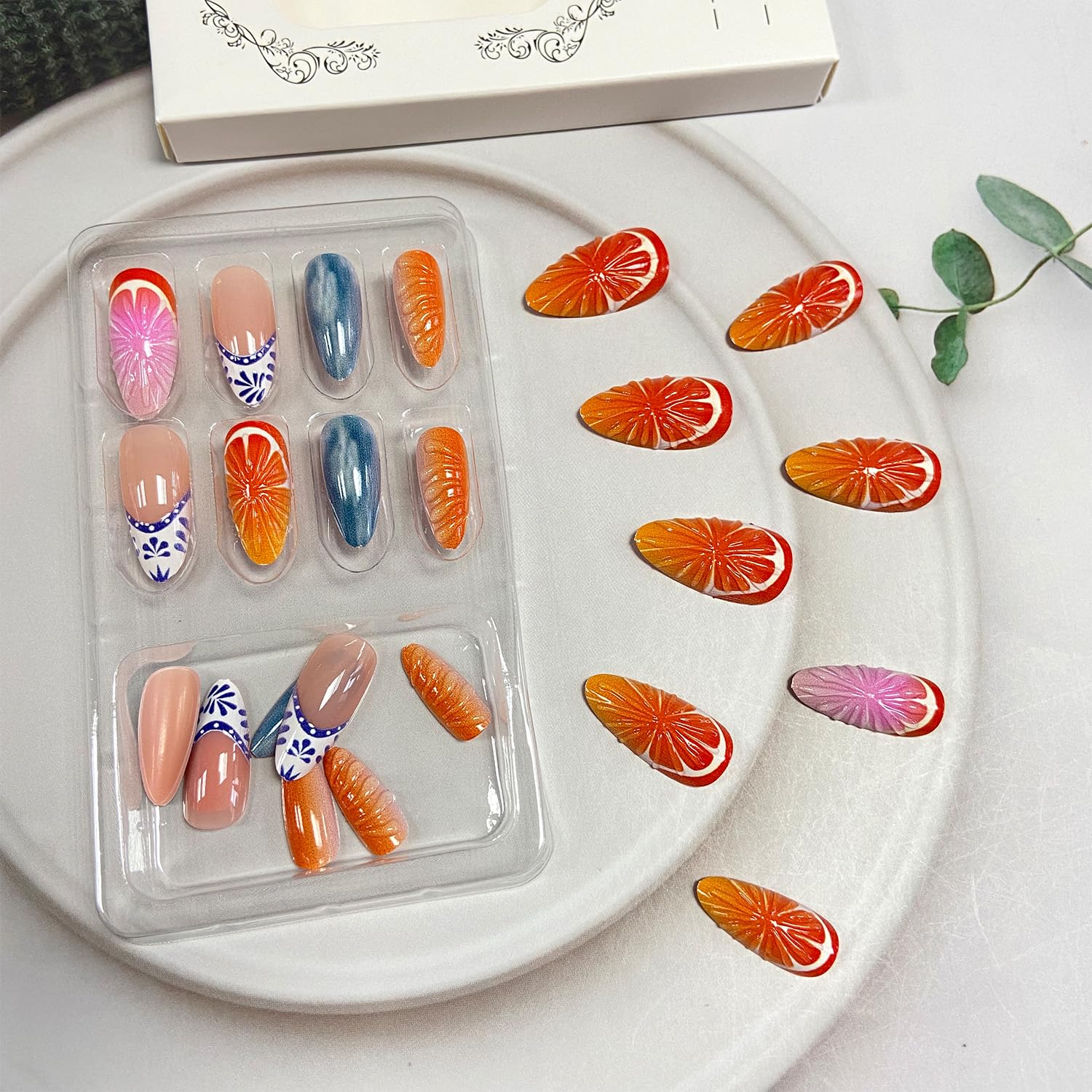 Tyuimhx 3D Oranges Press on Nails Medium Almond Fake Nails Summer Fruit False Nails Full Cover Stick on Nails Acrylic French Tip Artificial Nails for Women Glue on Nails 24Pcs - Image 5