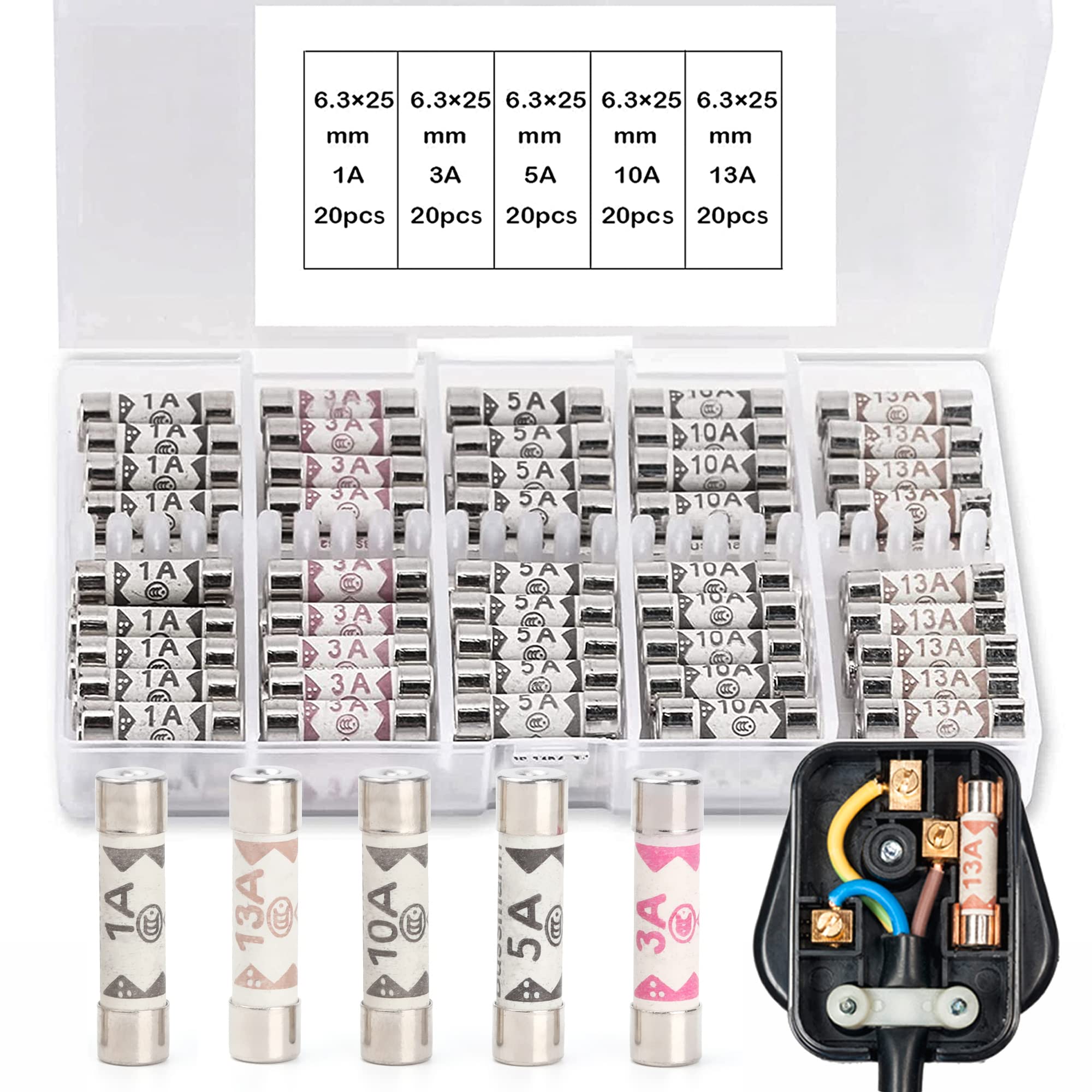 100PCS Ceramic Tube Fuses Household Set with 1A 3A 5A 10A 13A Amp 240 Volt Fuses Assorted Suitable for UK Domestic Electrical Home Mains Plugs, Extension leads,Shaver Plug, and Fuse Sockets