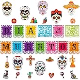 JUESMOS Day of The Dead Decorations Sugar Skull Cutouts Halloween Decor Dia De Los Muertos Colorful Skull Cutouts for Kids Students Classroom Bulletin Board Wall Decor Mexican Fiesta Party Supplies