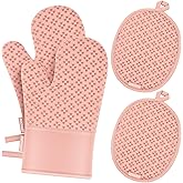 Oven Mitts and Pot Holders 4 Sets, Heat Resistant 500 ℉ Oven Mitt and Pot Holder,Oven Glove&Potholders with Non-Slip Silicone Surface,Kitchen Essentials for Cooking/Baking/BBQ-Pink