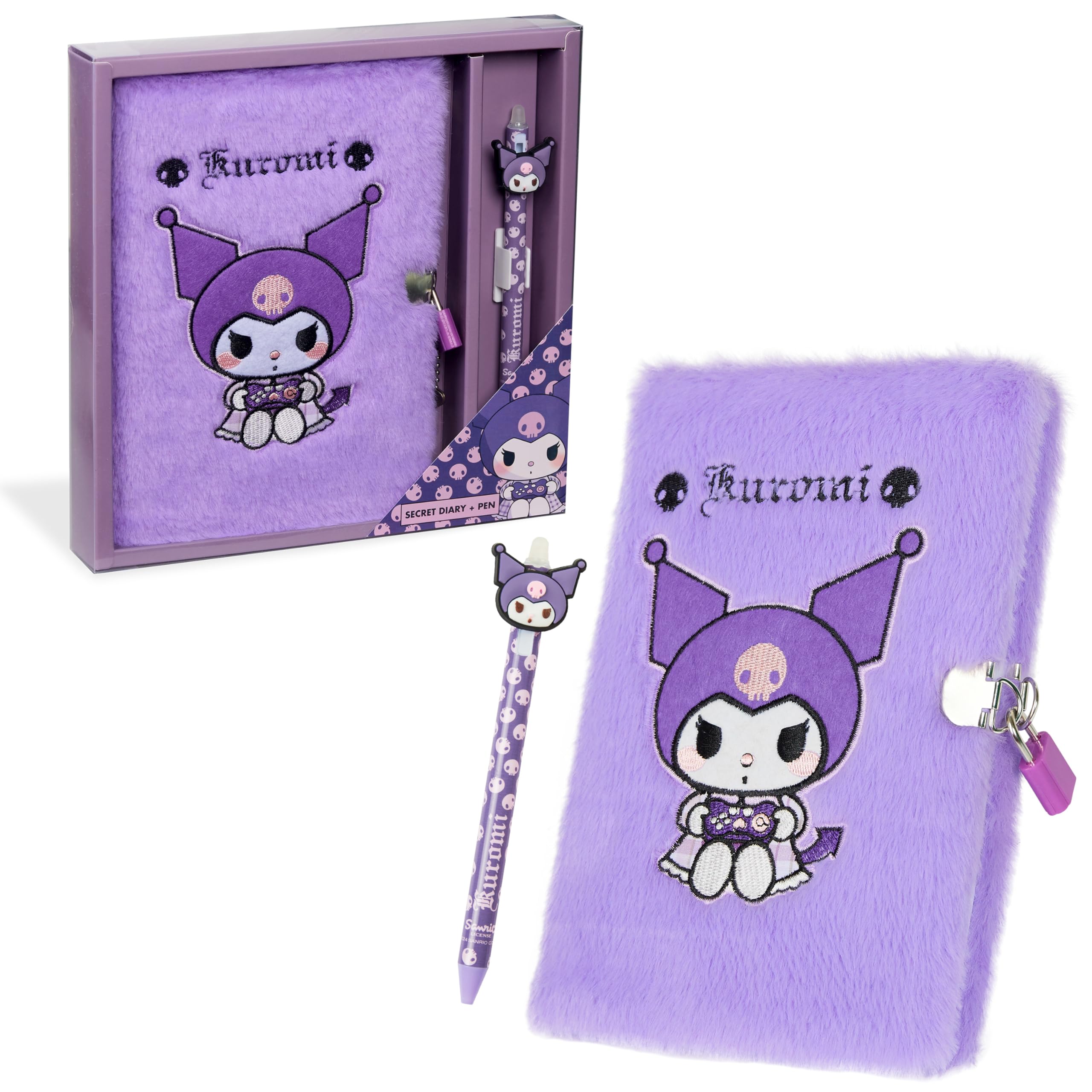 Hello Kitty Secret Diary for Girls with Lock and Pen Stationery Set Kawaii Office or School Travel Supplies Kuromi Fluffy Kids Journal Gift Set Anime Gifts (Purple)