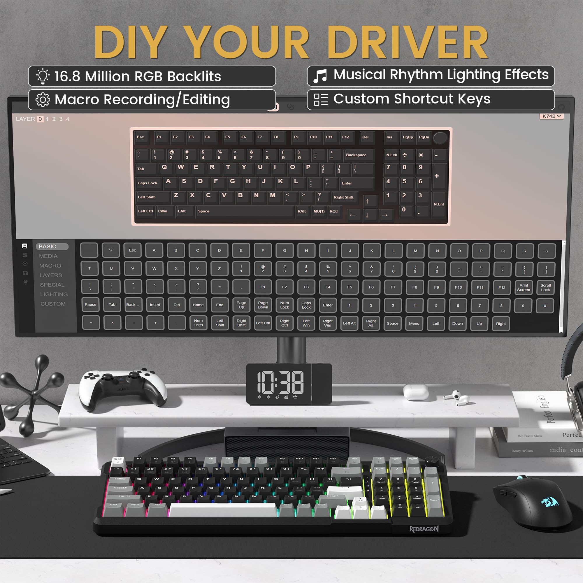 Redragon K742 Wireless Mechanical Gaming Keyboard with Knob, Bluetooth 5.0/2.4GHz/USB C Wired Creamy Keyboard with Number Pad for PC Computer, Hot Swappable RGB Backlits, Custom Linear Switch, Black