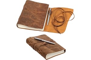 moonster Leather Journal Notebook Gift Set + Luxury Pen – Handmade Genuine Buffalo Leather Travel Journal Hand-Stitched Coptic Leather Binding – Premium Recycled Acid-Free Unlined Cotton Paper