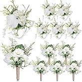 Glitinsel 12 Pcs Wedding Corsage and Boutonniere Set Artificial Rose Wedding Corsage Wristband with Pins for Prom Men Bride Party Accessories Groom Groomsmen Bridesmaids Women (Retro,White)