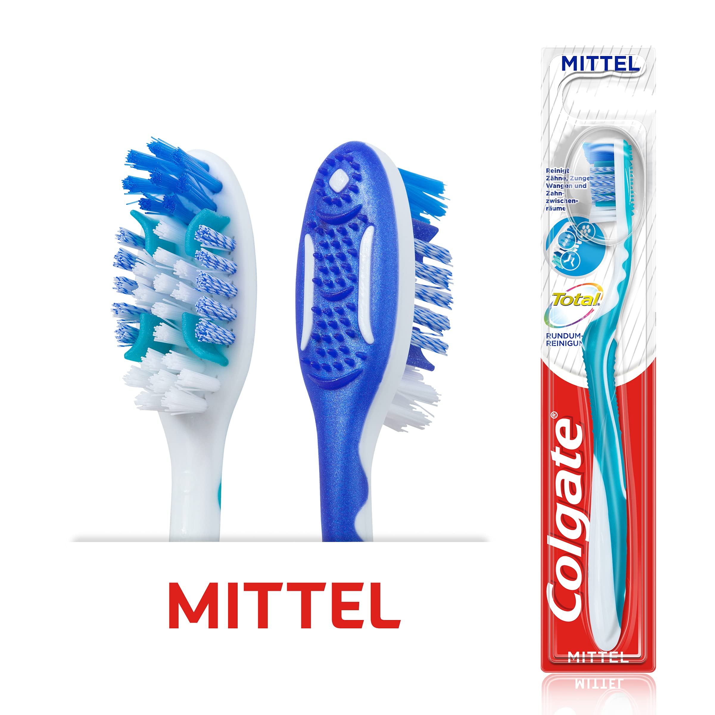 Colgate Total All-Round Cleaning, Medium, 1 Piece, Manual Toothbrush Cleans Tooth Surfaces, Tongue, Cheeks and deep into The interdental Spaces, with Medium-Hard bristles