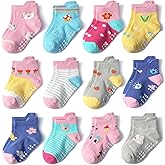 SkiBeaut Toddler Socks with Grips, 12 Pairs Kids Non-Slip Grippers Baby Boys Girls House Socks for Age 0-7